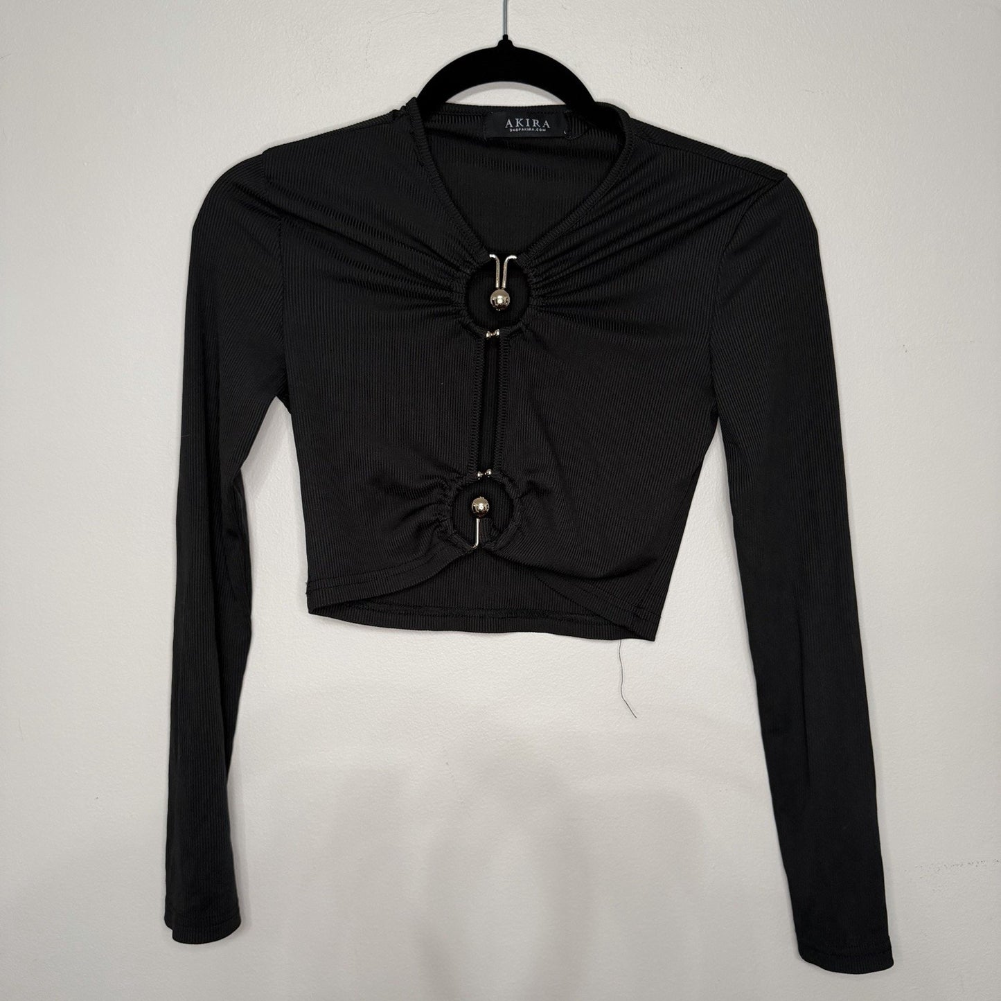 Y2K Whimsigoth Black Crop Top Akira Small Long Sleeve Ring Detail Clubwear