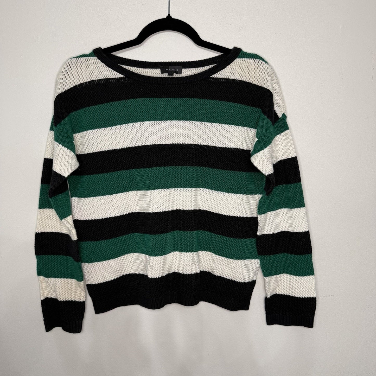 The Limited Womens M Green Black White Stripe Knit Sweater Classic Workwear Chic