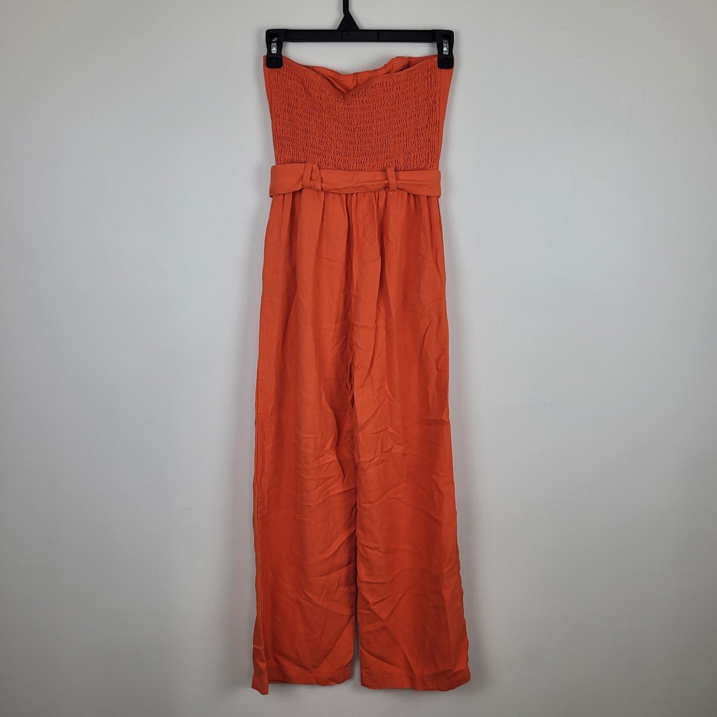 Monteau Los Angeles Womens S Strapless Belted Wide Leg Jumpsuit Orange Pockets