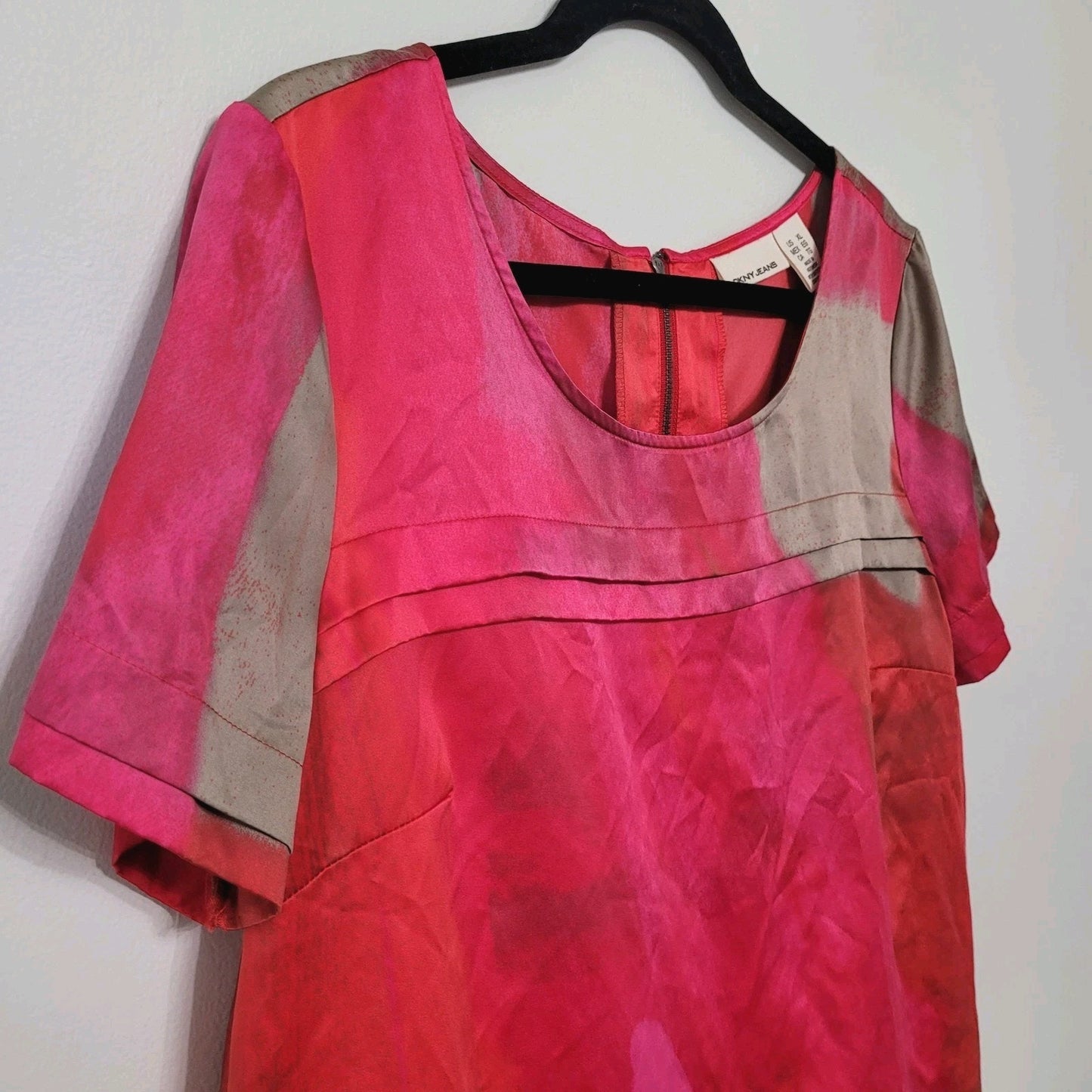 DKNY Jeans Pink Artful Short Sleeve Shirt XL Zip Back Colorblock Top