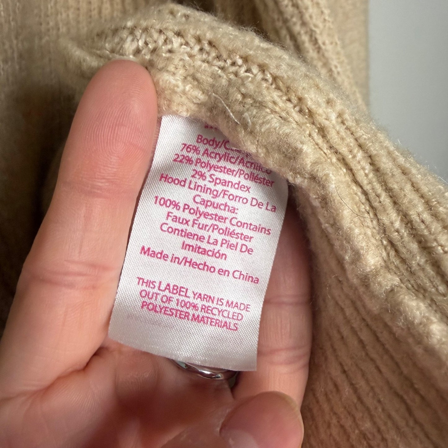 No Boundaries Juniors M Tan Knit Open Front Cardigan Sherpa Lined Hood Cozy