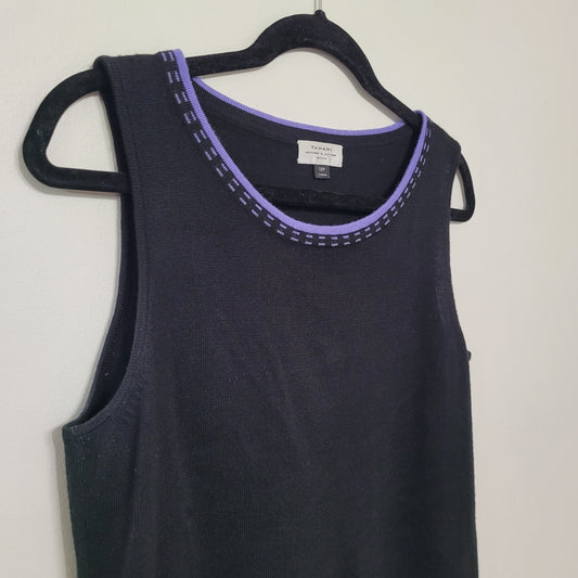 Tahari Knit Tank Top 10P Black Purple Trim Sleeveless Blouse Petite