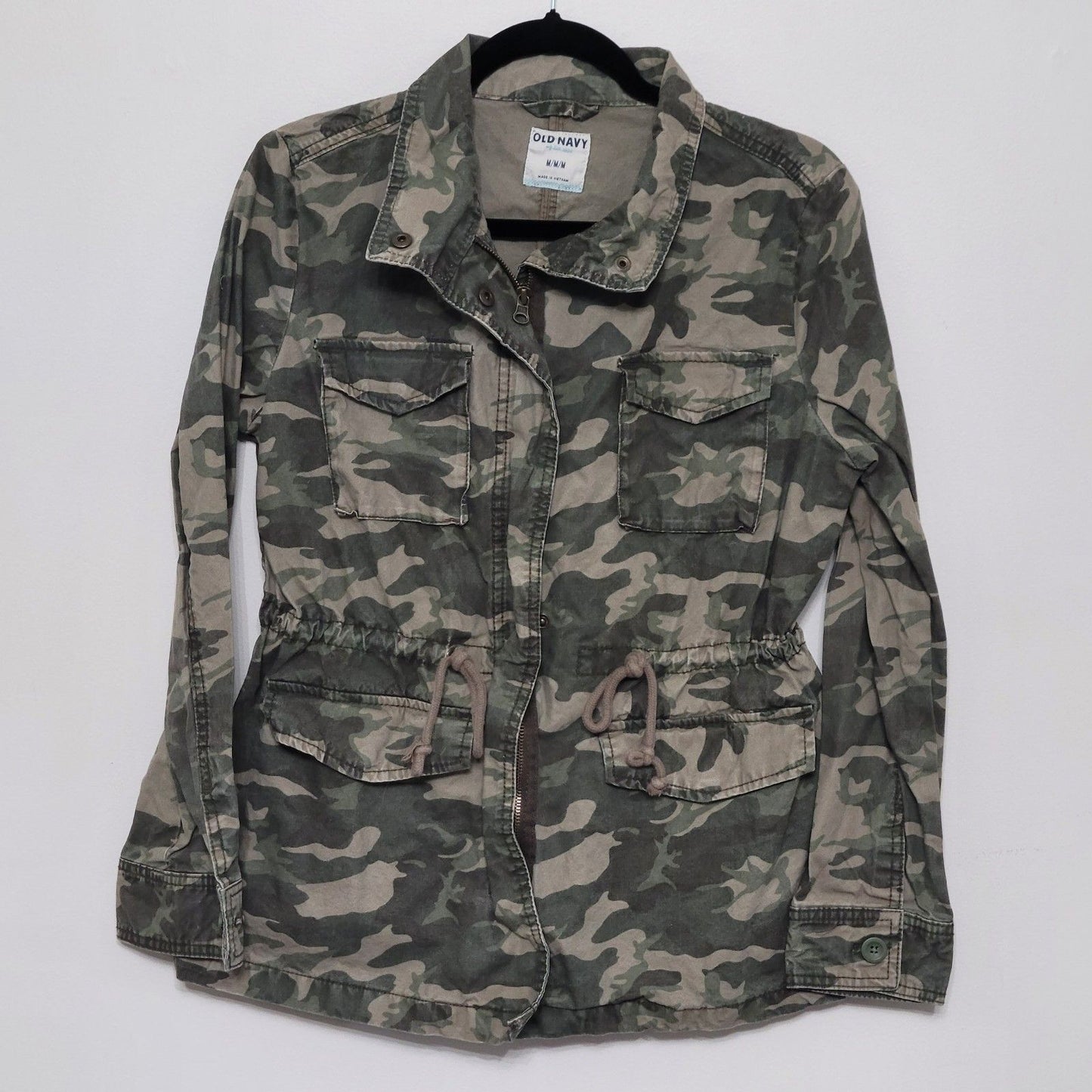 Old Navy Women’s Medium Green Camo Utility Jacket Zip Button Pockets Drawstring