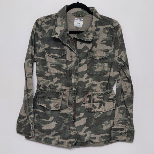 Old Navy Women’s Medium Green Camo Utility Jacket Zip Button Pockets Drawstring