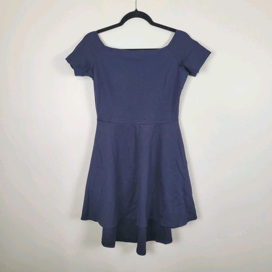 Sarin Mathews Junior's L Navy Off Shoulder Hi Low Dress Short Sleeve Homecoming