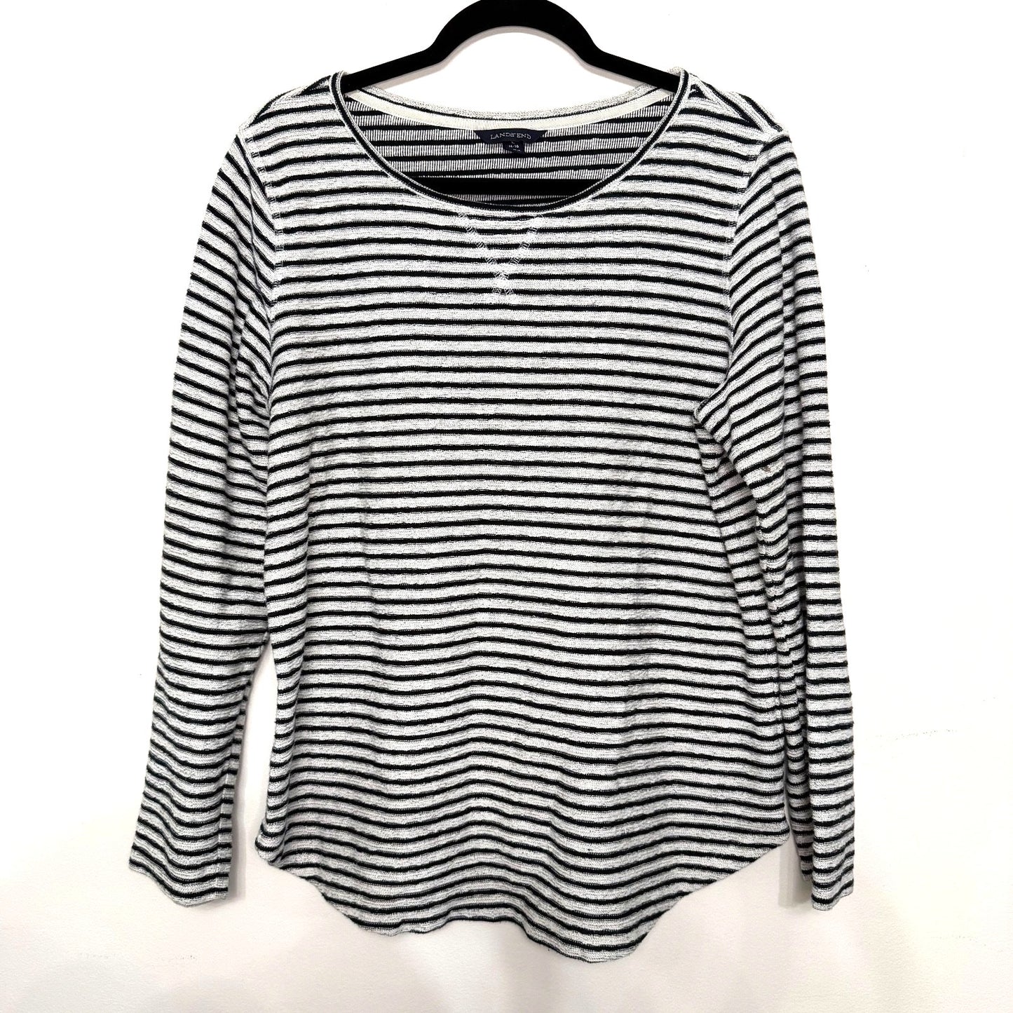 Lands’ End Womens L 14-16 Striped Long Sleeve Top Black Gray Cotton Knit