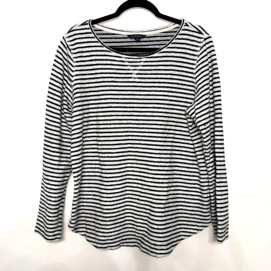 Lands’ End Womens L 14-16 Striped Long Sleeve Top Black Gray Cotton Knit