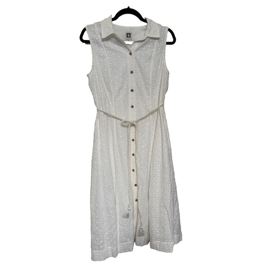 Anne Klein Womens 8 White Eyelet Midi Dress Belted Sleeveless Cottagecore