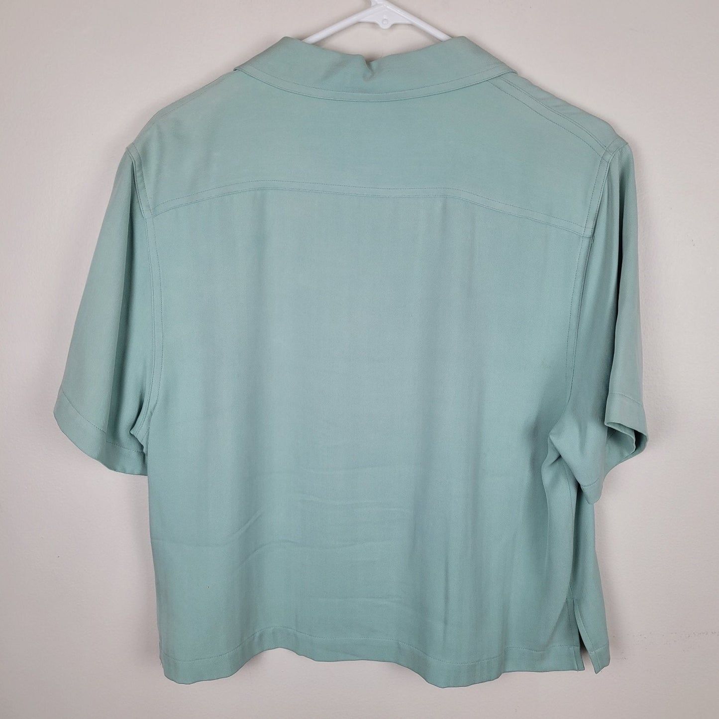 Island Republic Womens Medium Seafoam Blue Silk Short Sleeve Button Up Shirt