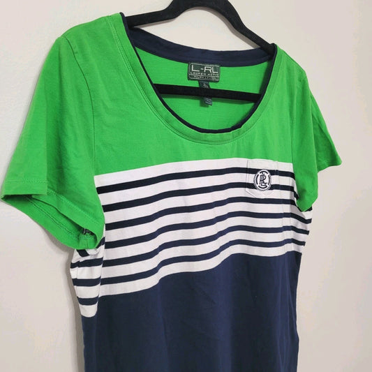 Ralph Lauren Striped T-Shirt XL Green Navy Blue Nautical Short Sleeve Cotton