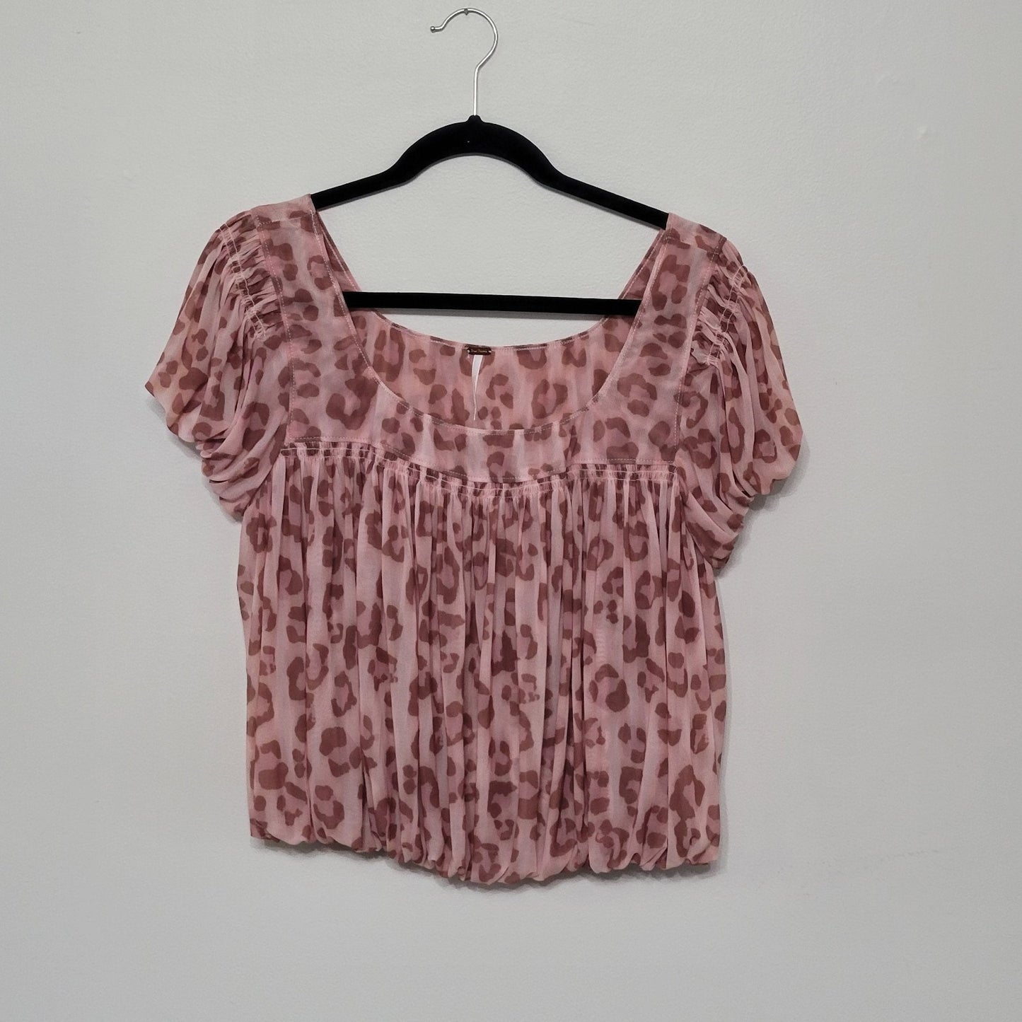 Free People Leopard Print Blouse Small Blush Pink Puff Sleeve Boho Top