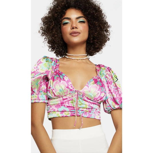 For Love & Lemons Julien Satin Crop Top in Pink/Green 45320