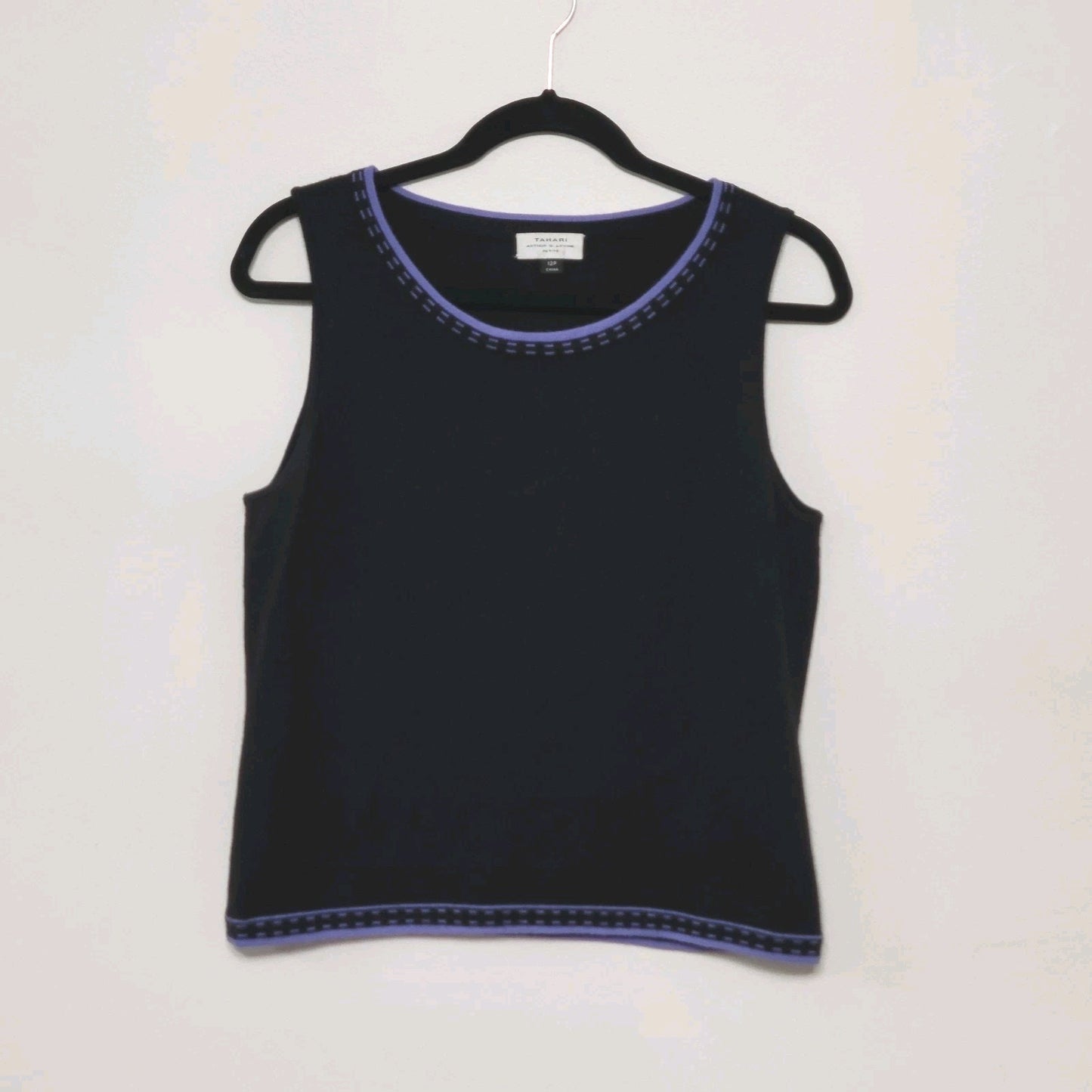Tahari Knit Tank Top 10P Black Purple Trim Sleeveless Blouse Petite