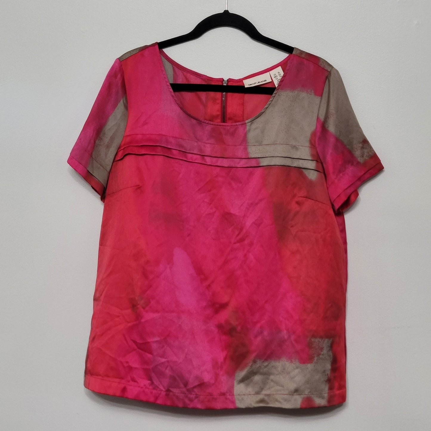 DKNY Jeans Pink Artful Short Sleeve Shirt XL Zip Back Colorblock Top