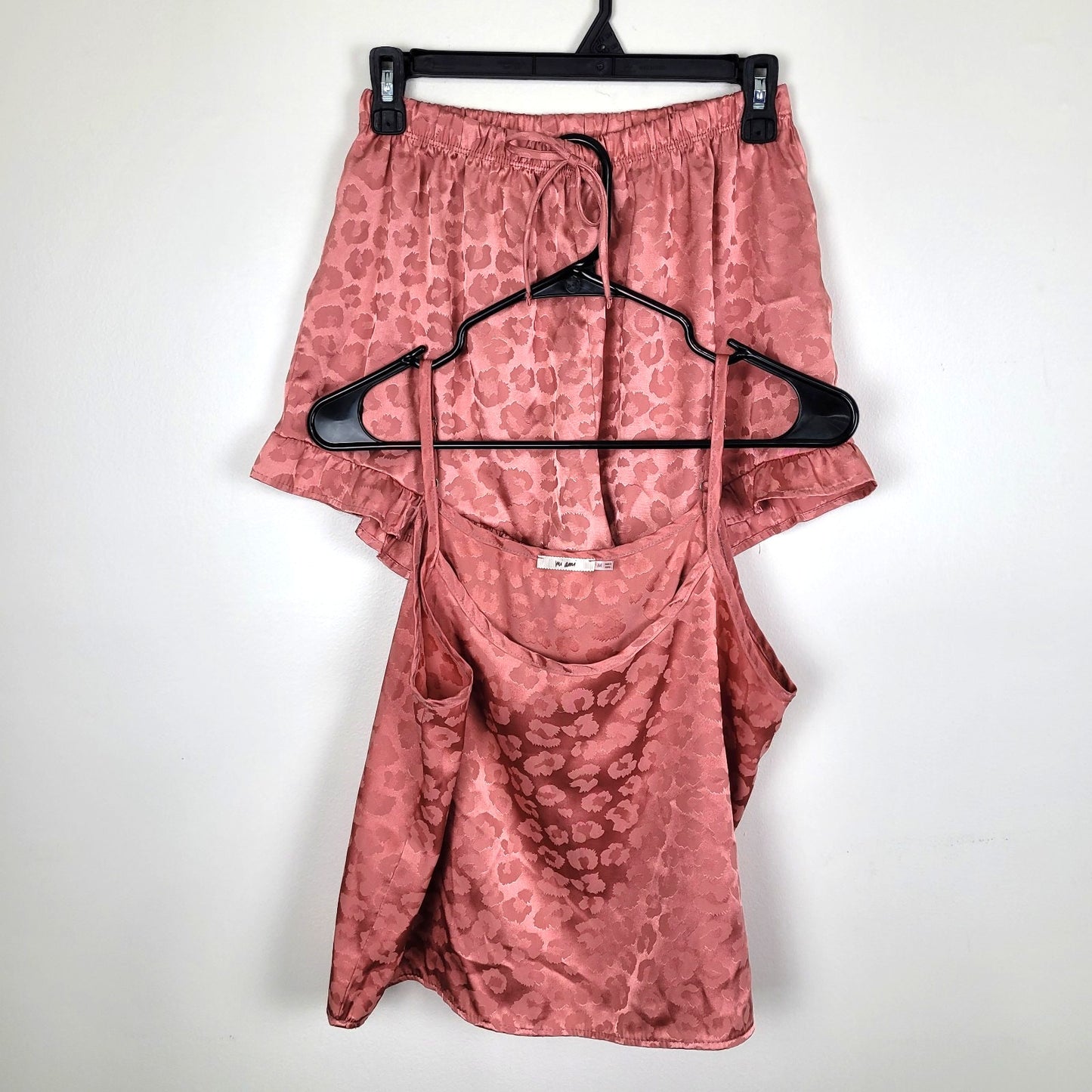 Francesca’s Womens M Leopard Print Satin Sleep Set Pink Ruffle Shorts Cami Sexy
