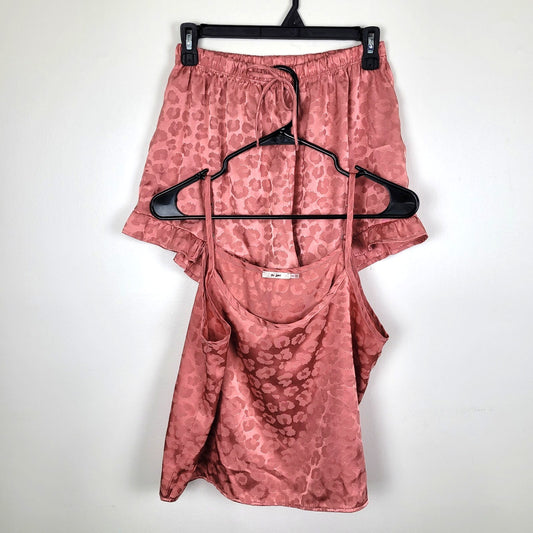 Francesca’s Womens M Leopard Print Satin Sleep Set Pink Ruffle Shorts Cami Sexy