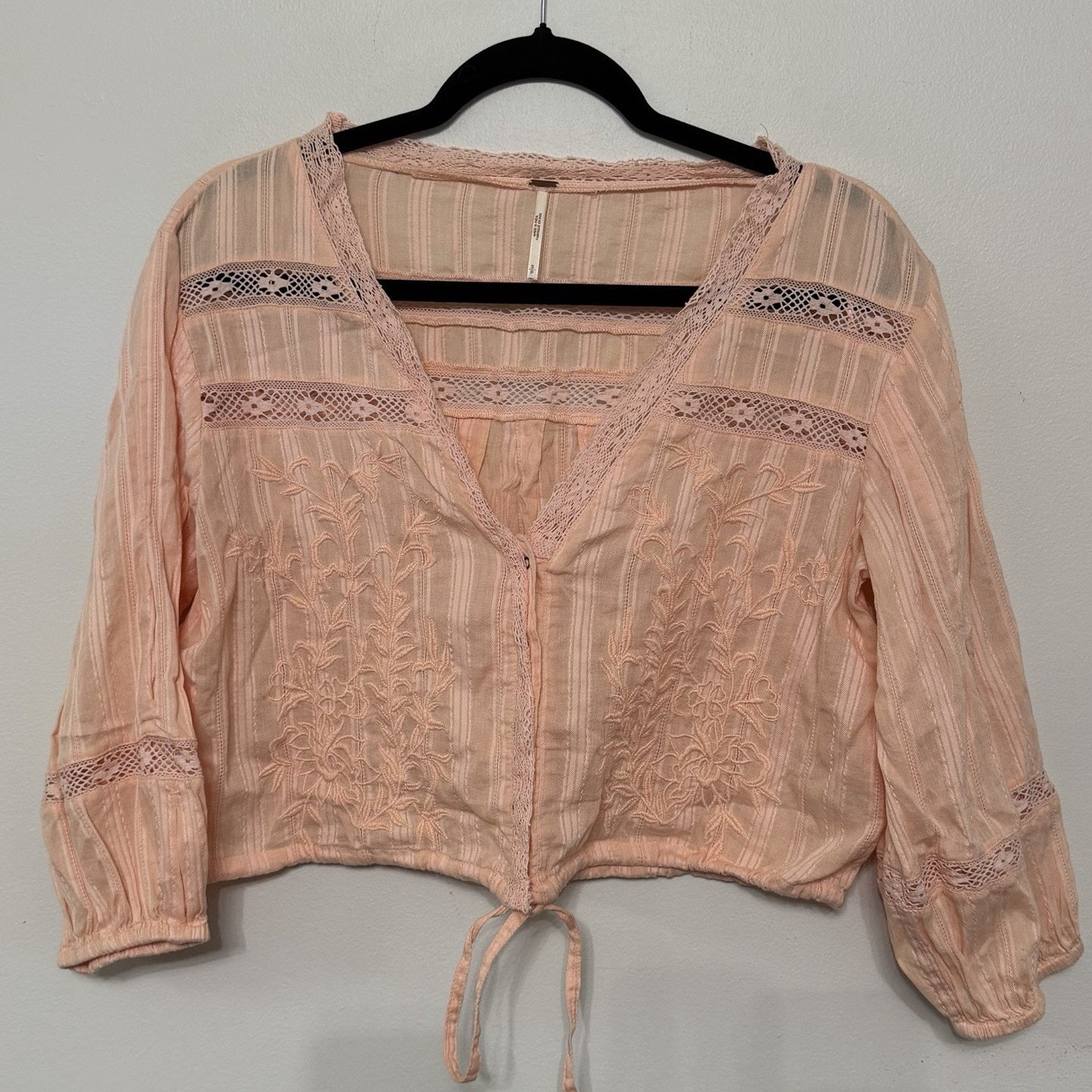 Free People Follow Your Heart Top Small Cropped V Neck Peach Boho Embroidered