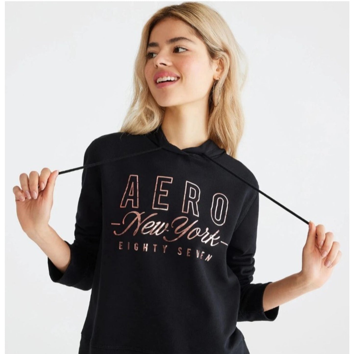 Aeropostale Women’s Medium Black Hoodie Metallic Rose Gold Logo NWT Comfortcore