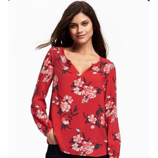 Old Navy Red Floral Blouse Size Medium Fairy Cottage Professional