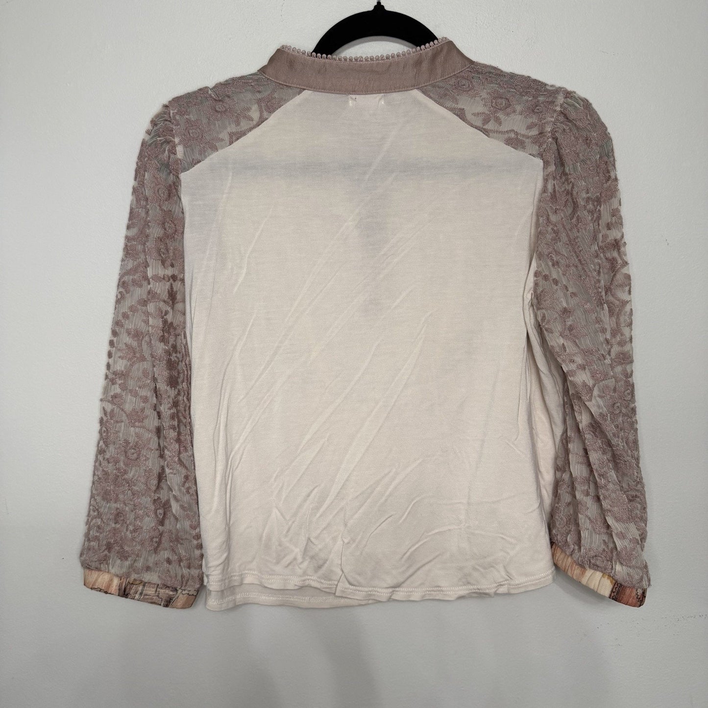 Tiny by Anthropologie Cream & Pink High Neck Lace Front Blouse Size Medium