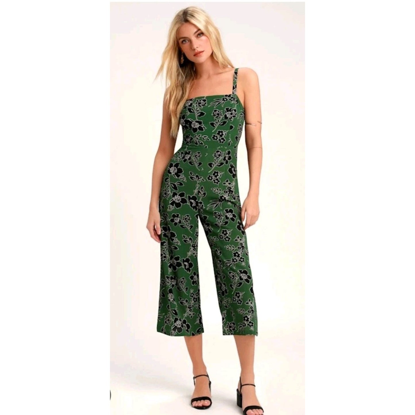 Lulus Lush Womens Small Green Floral Cropped Wide Leg Sleeveless Jumpsuit Fairy