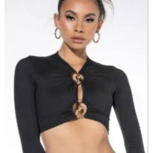 Y2K Whimsigoth Black Crop Top Akira Small Long Sleeve Ring Detail Clubwear