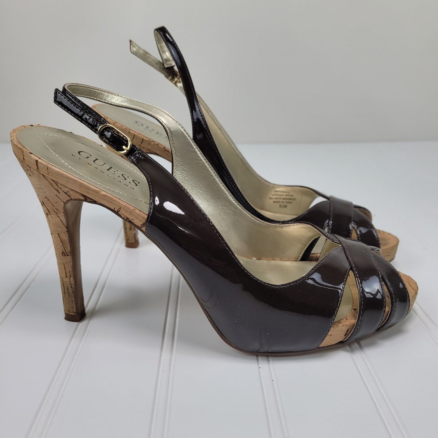 Guess by Marciano Womens 8.5M Slingback Heels Chocolate Brown Patent Leather