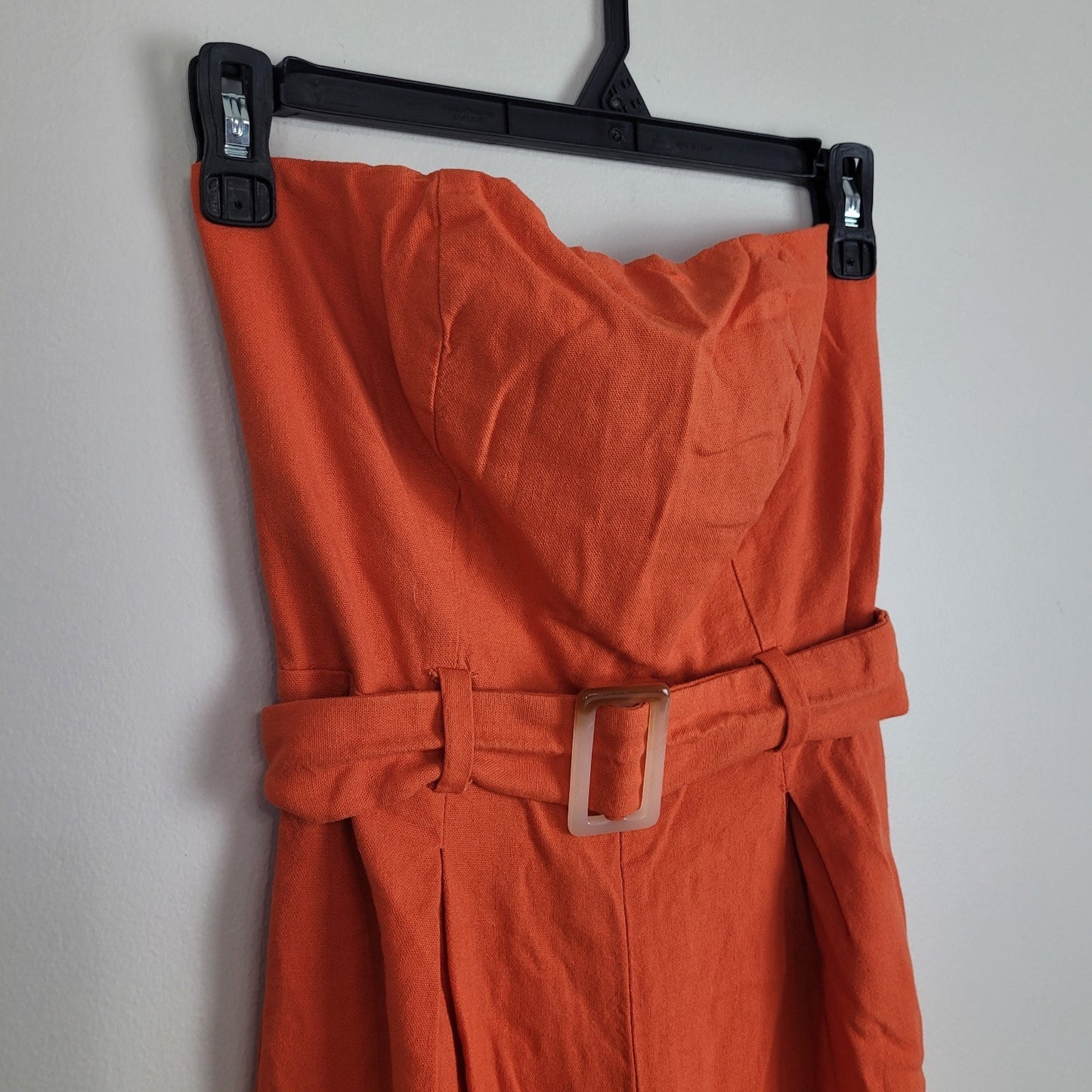 Monteau Los Angeles Womens S Strapless Belted Wide Leg Jumpsuit Orange Pockets