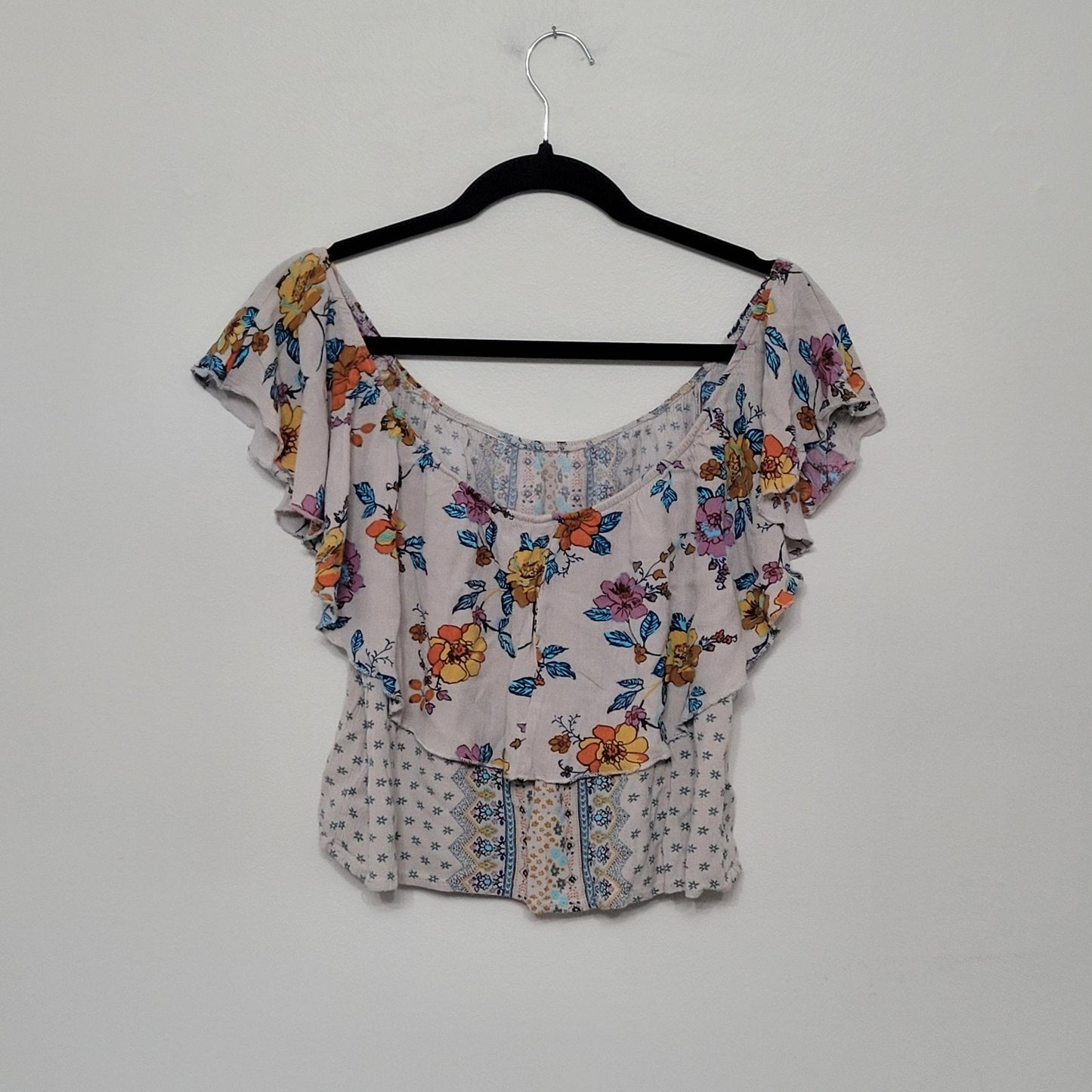 Gypsies & Moondust Women’s Small Top Beige Floral Boho Off Shoulder EUC