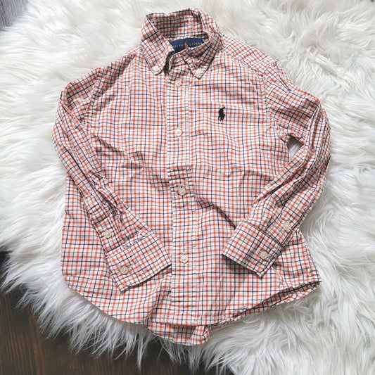 Ralph Lauren Polo Boys Dress Shirt 3T Orange Blue White Gingham Long Sleeve