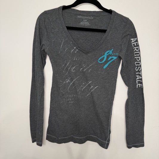 Aeropostale Retro Y2K Gray Medium Henley Top Spell Out “87” Long Sleeve