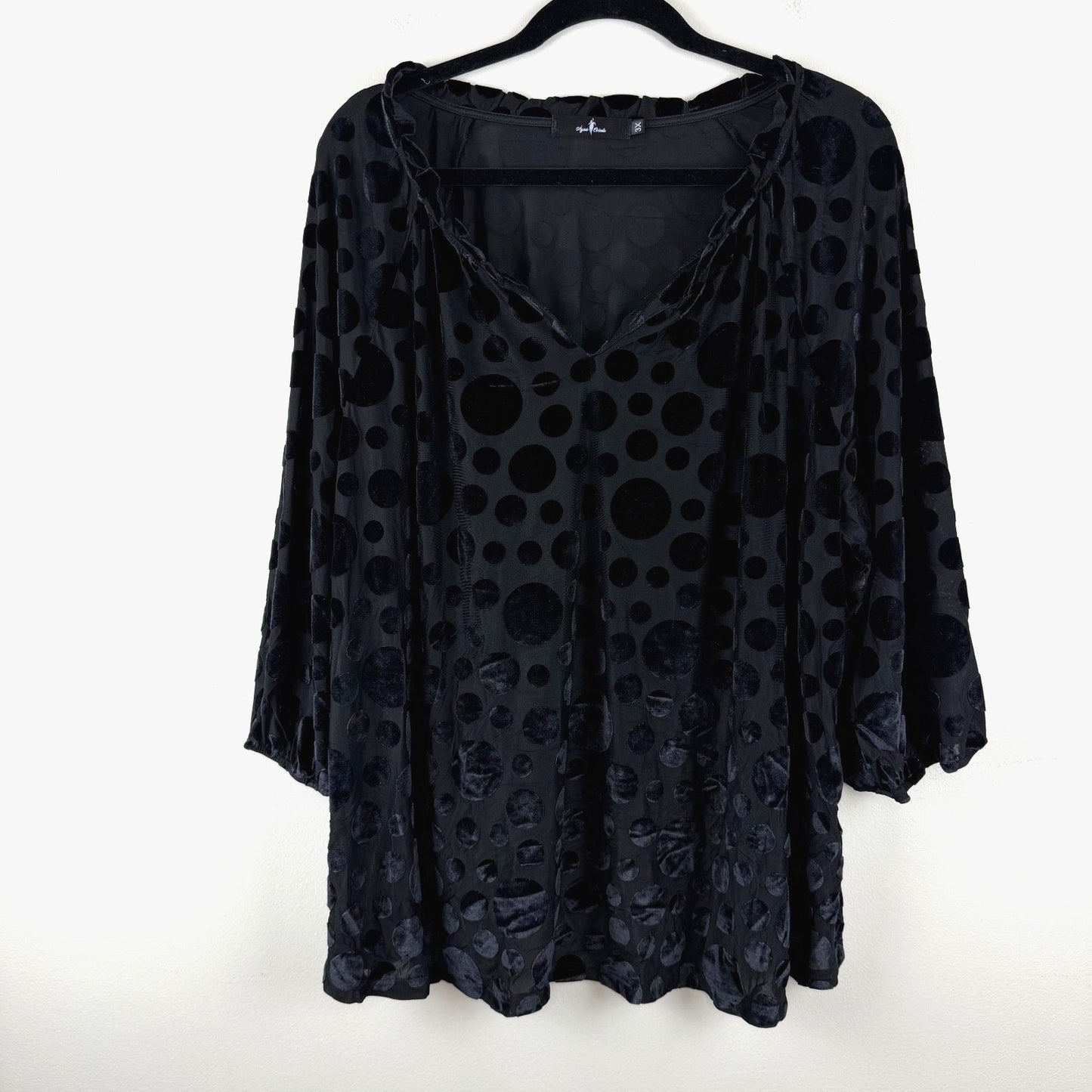 Agnes Orinda Women’s 3X Black Polka Dot Tunic Top Velvet Flock Surplice Sleeve