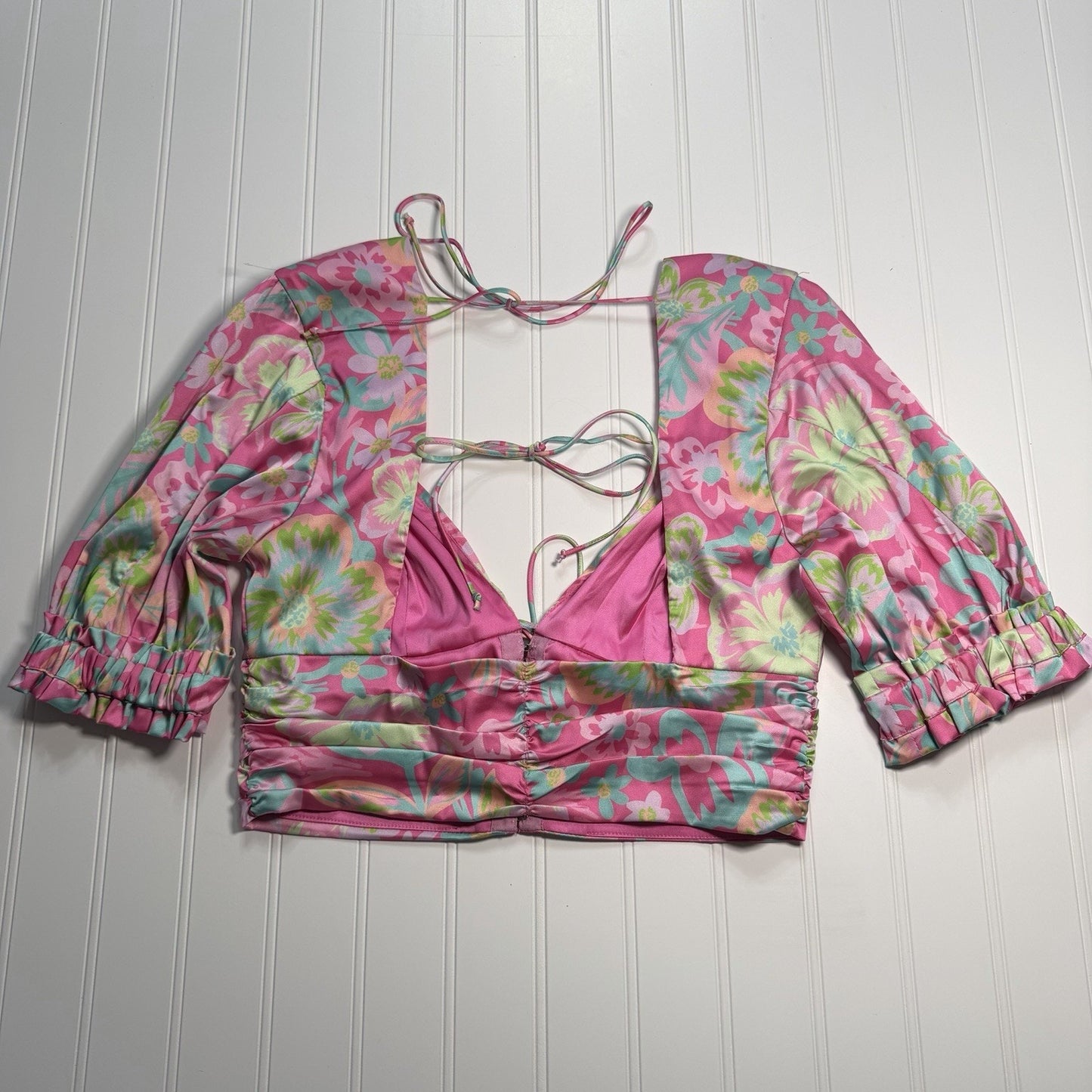 For Love & Lemons Julien Satin Crop Top in Pink/Green 45320