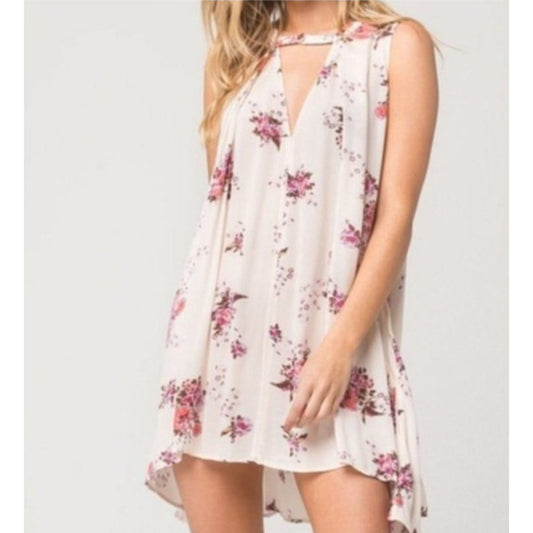Free People Womens Medium Tree Swing Tunic Dress Boho Floral Cream Pink Hi Lo Fe