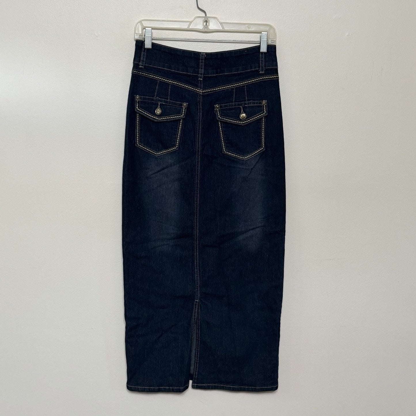 No Fuze Women's 6 Denim Maxi Pencil Skirt Blue Belted Loops Pockets Y2K Cottage