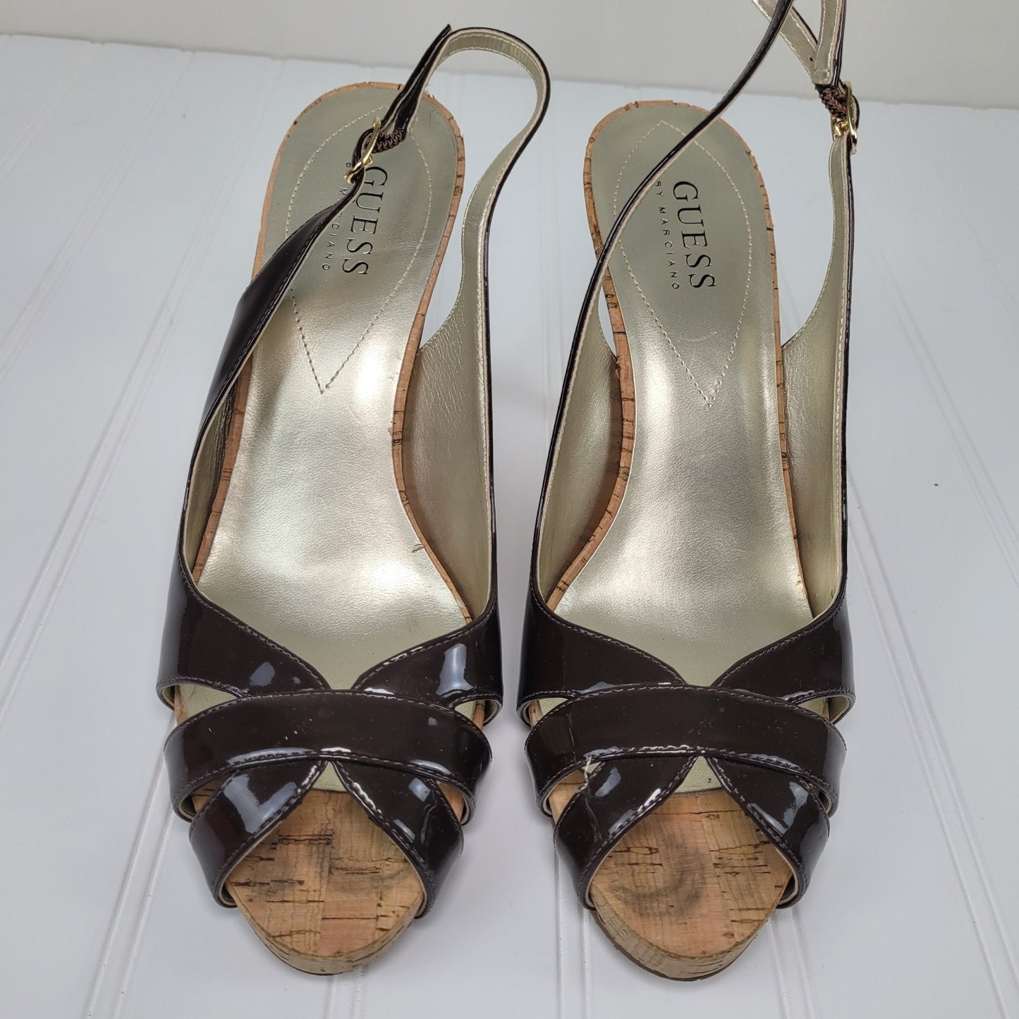 Guess by Marciano Womens 8.5M Slingback Heels Chocolate Brown Patent Leather