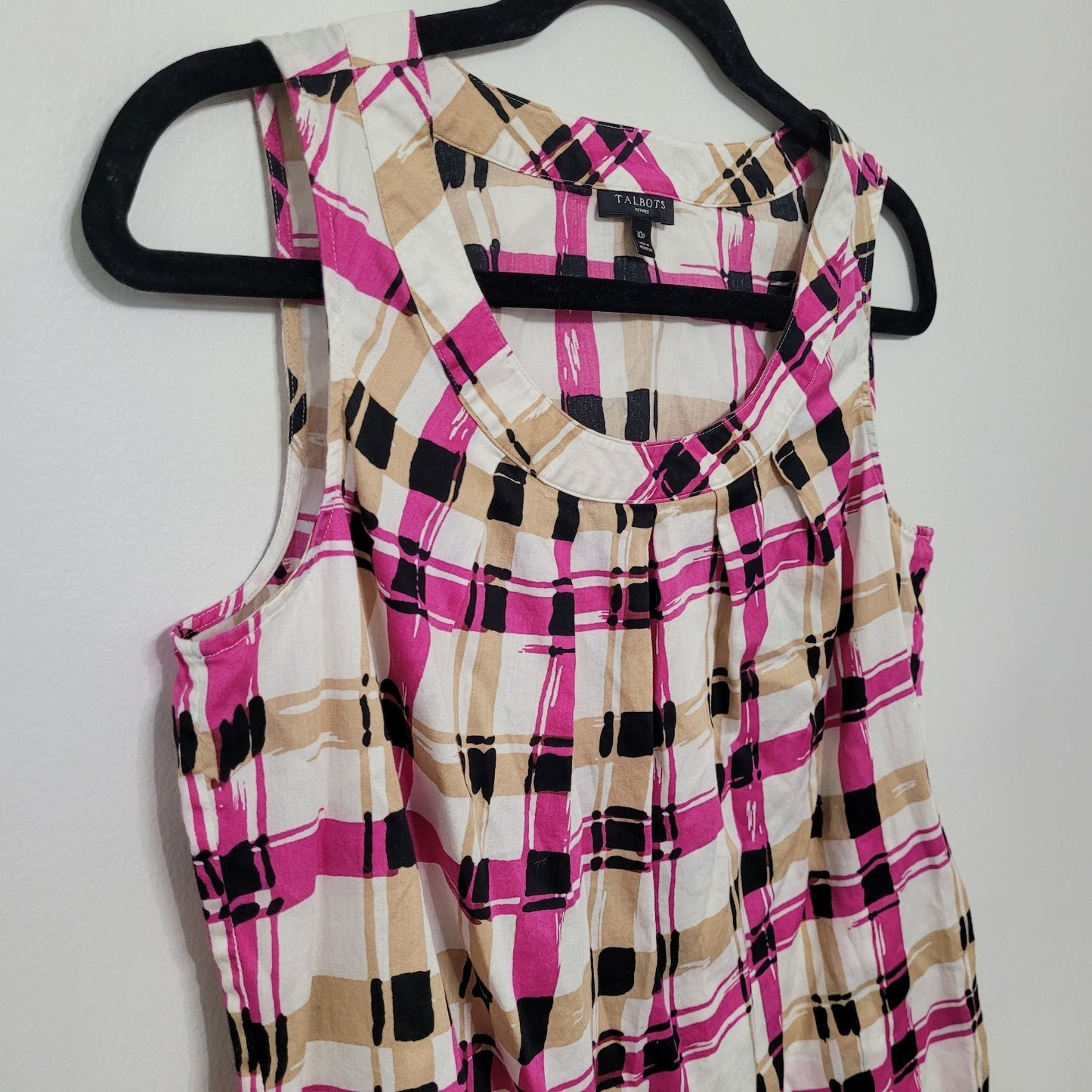 Talbots Sleeveless Tank Top 10P Purple Tan Black White Plaid Blouse