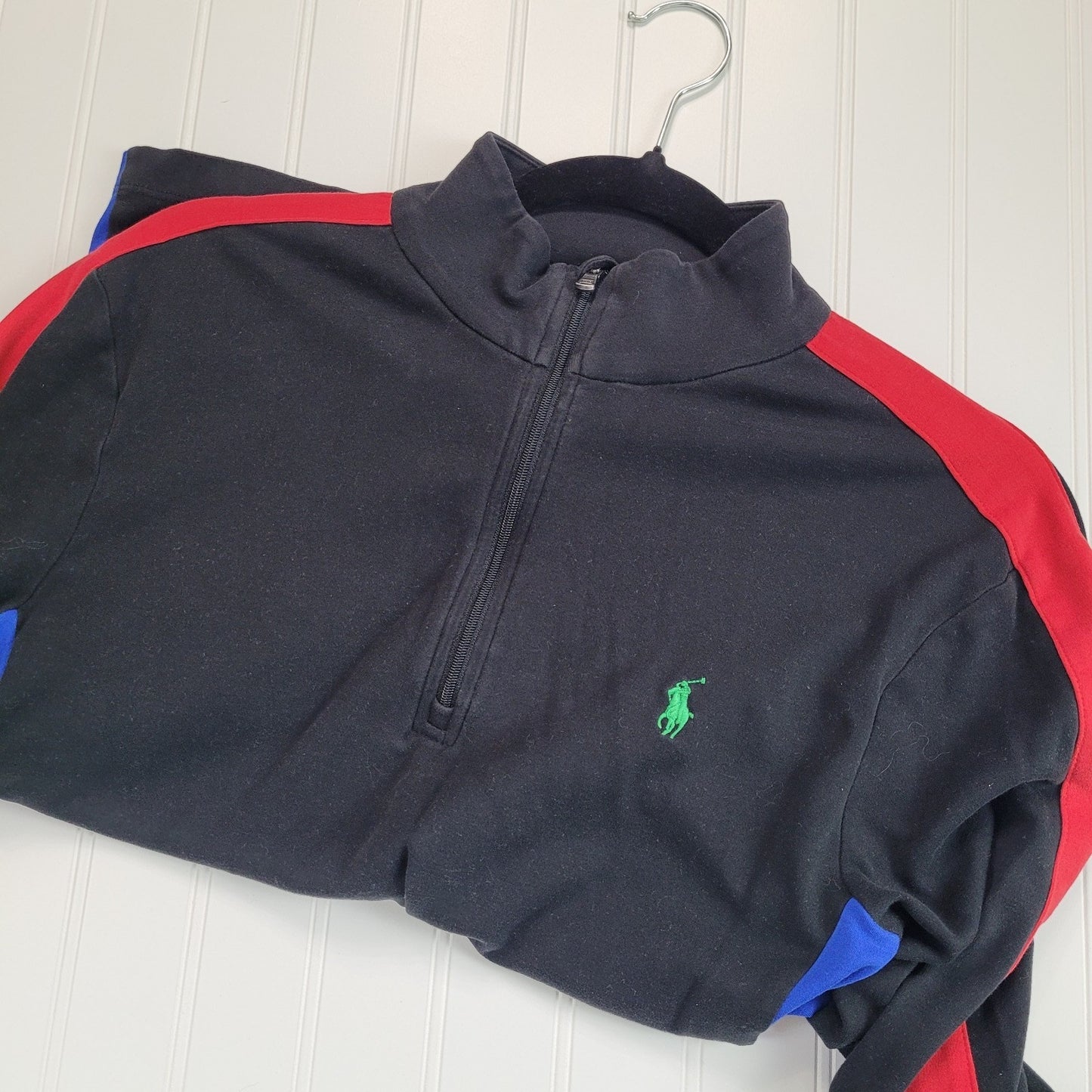 Polo Ralph Lauren Mens Small 1/4 Zip Pullover Black Red Blue Colorblock Pima