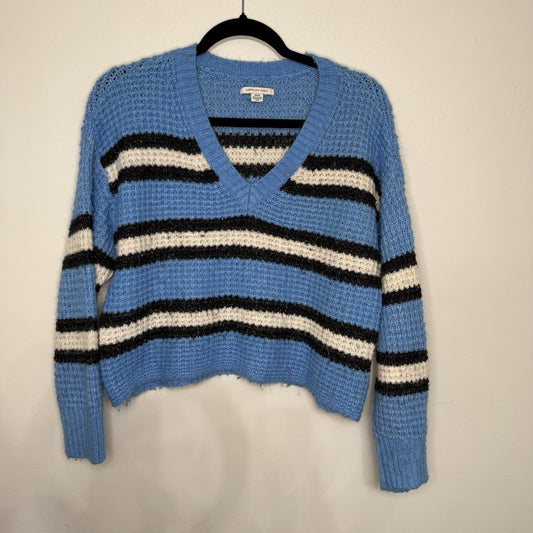 American Eagle Womens Medium Blue White Black Stripe Knit V-Neck Sweater Casual