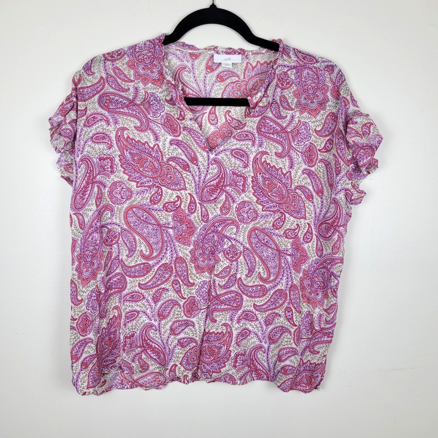 J.Jill Womens S Petite Blouse Pink Paisley Ruffle Short Sleeve Top