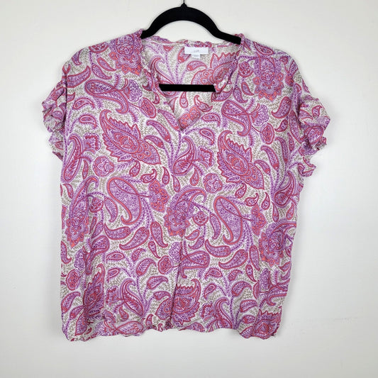 J.Jill Womens S Petite Blouse Pink Paisley Ruffle Short Sleeve Top