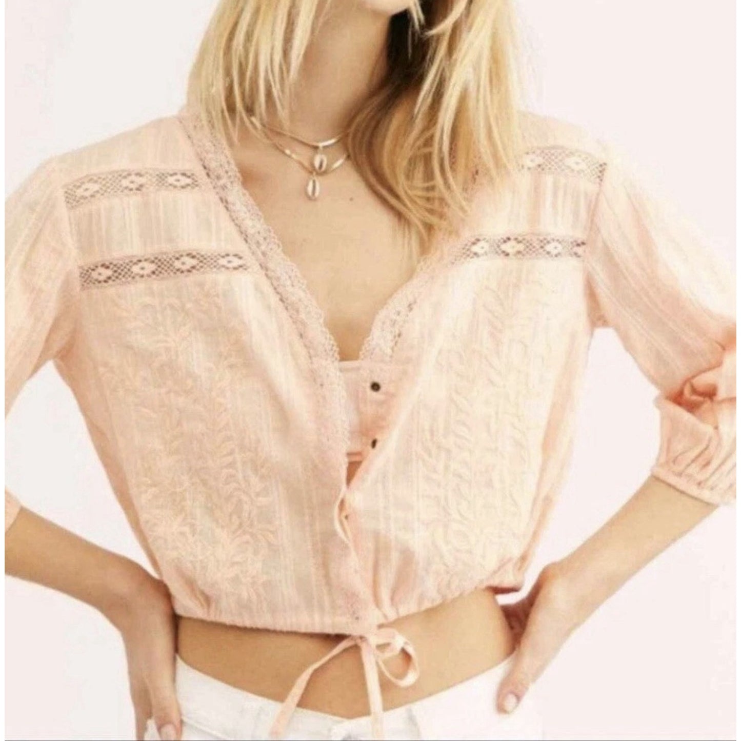 Free People Follow Your Heart Top Small Cropped V Neck Peach Boho Embroidered