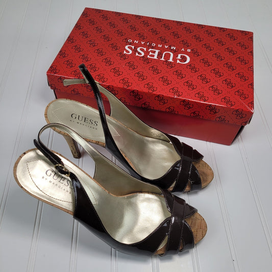 Guess by Marciano Womens 8.5M Slingback Heels Chocolate Brown Patent Leather