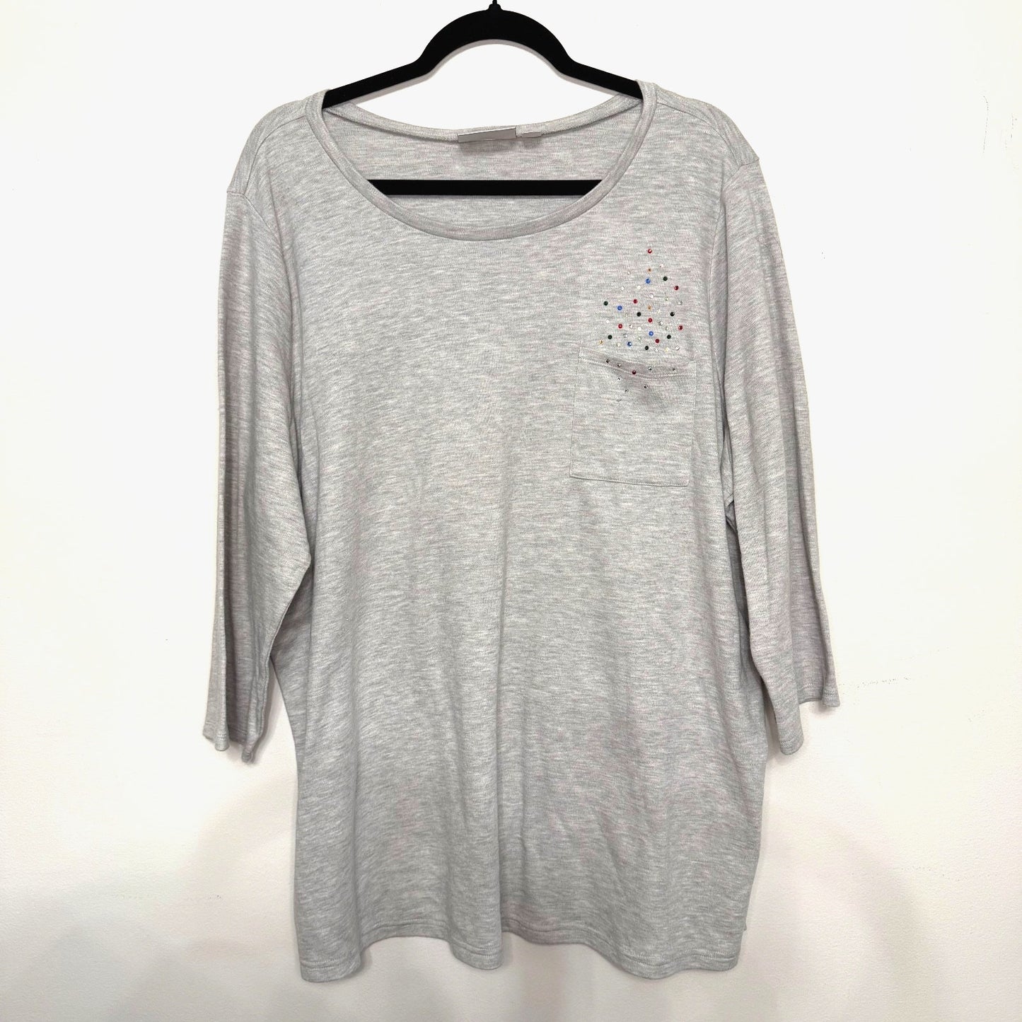 Quacker Factory by Jeanne Bice Womens 2X Rhinestone Pocket Gray Sparkle Top