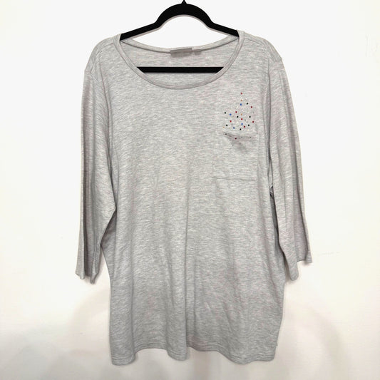 Quacker Factory by Jeanne Bice Womens 2X Rhinestone Pocket Gray Sparkle Top