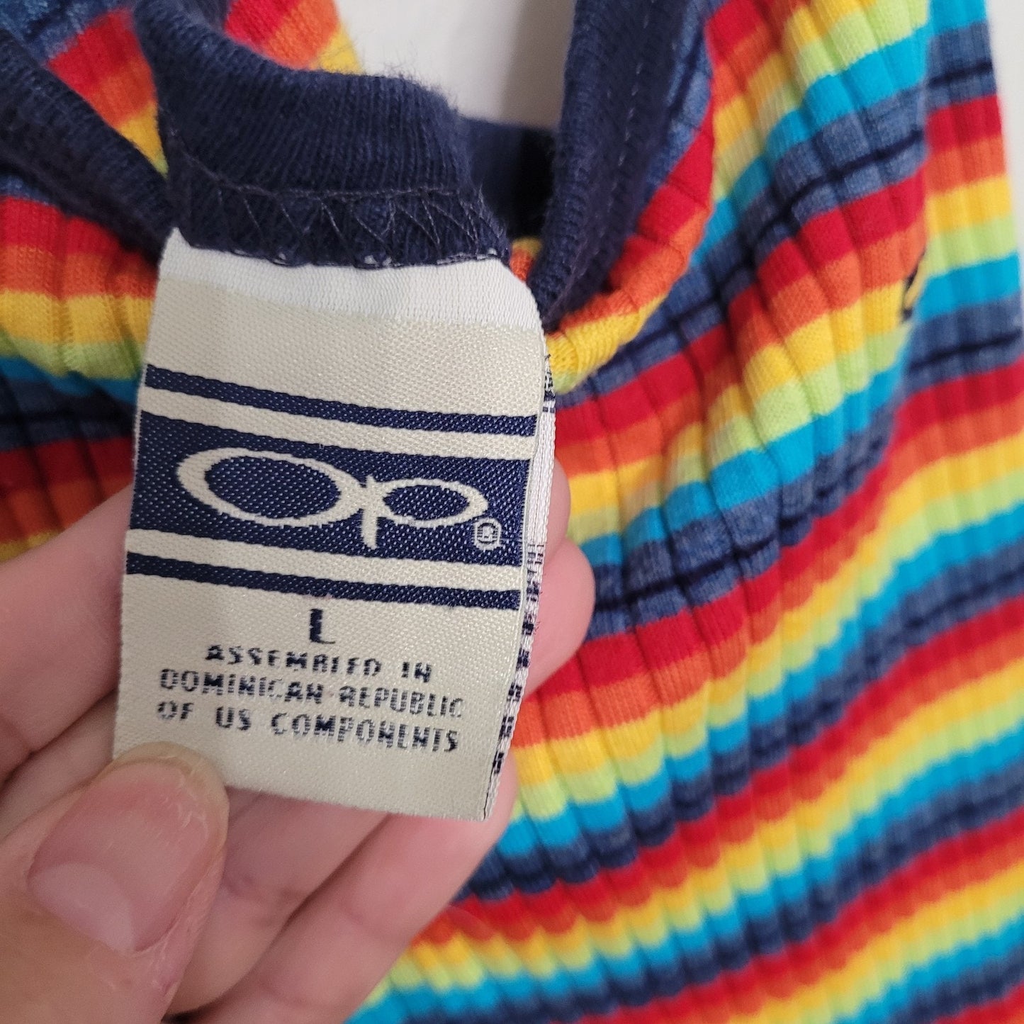 Ocean Pacific Rainbow Stripe Dress Medium Ribbed Knit Y2K Bodycon Vintage