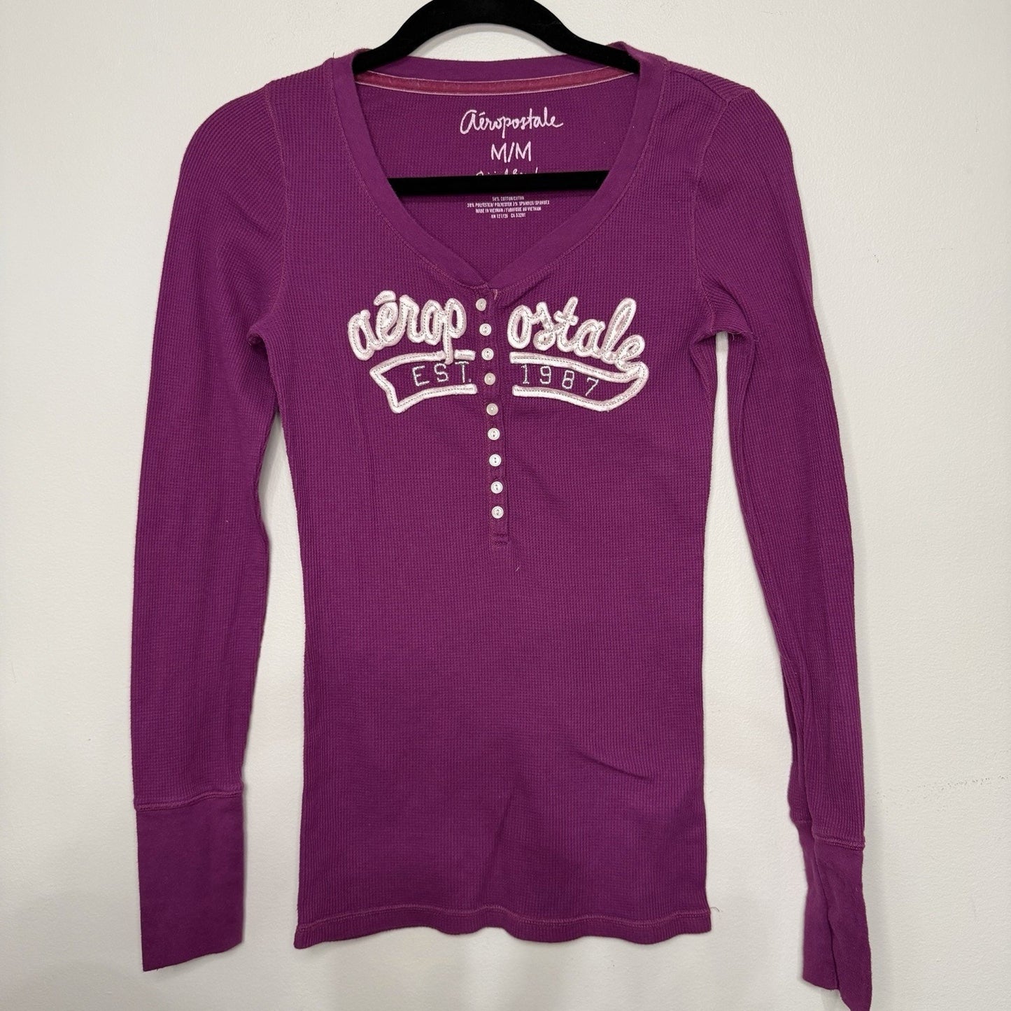 Aeropostale Retro Y2K Womens M Purple Waffle Henley Spellout Logo Top
