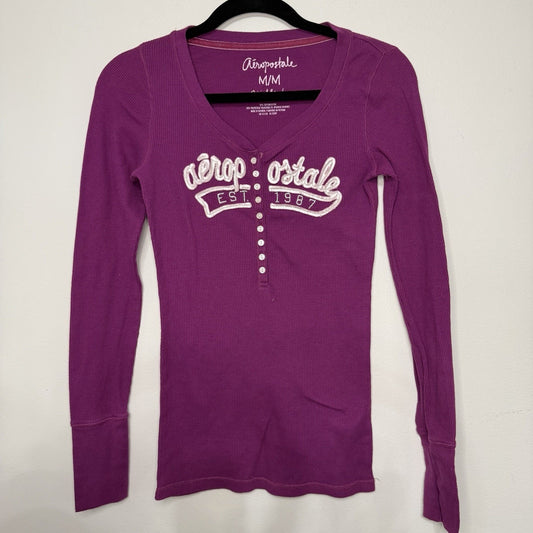 Aeropostale Retro Y2K Womens M Purple Waffle Henley Spellout Logo Top