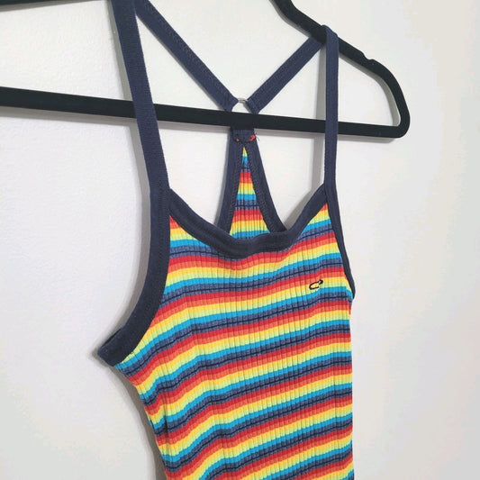 Ocean Pacific Rainbow Stripe Dress Medium Ribbed Knit Y2K Bodycon Vintage