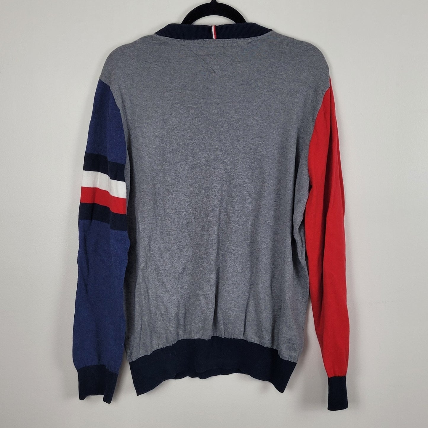 Tommy Hilfiger Mens Large Sweater Gray Blue Red White Colorblock Logo Preppy